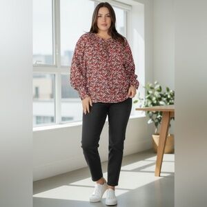 Sanctuary Flower Power Print Tie Neck Red Long Sleeve Button cuff Blouse Top‎ 2X